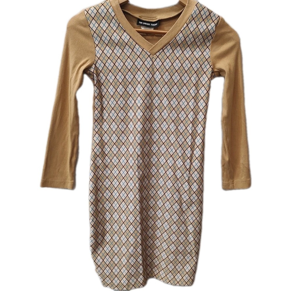 Un‎ Deux Trois Girls Dress Sz 12 Beige Argyle  Long Sleeve V-Neck Fall Vtg Y2K